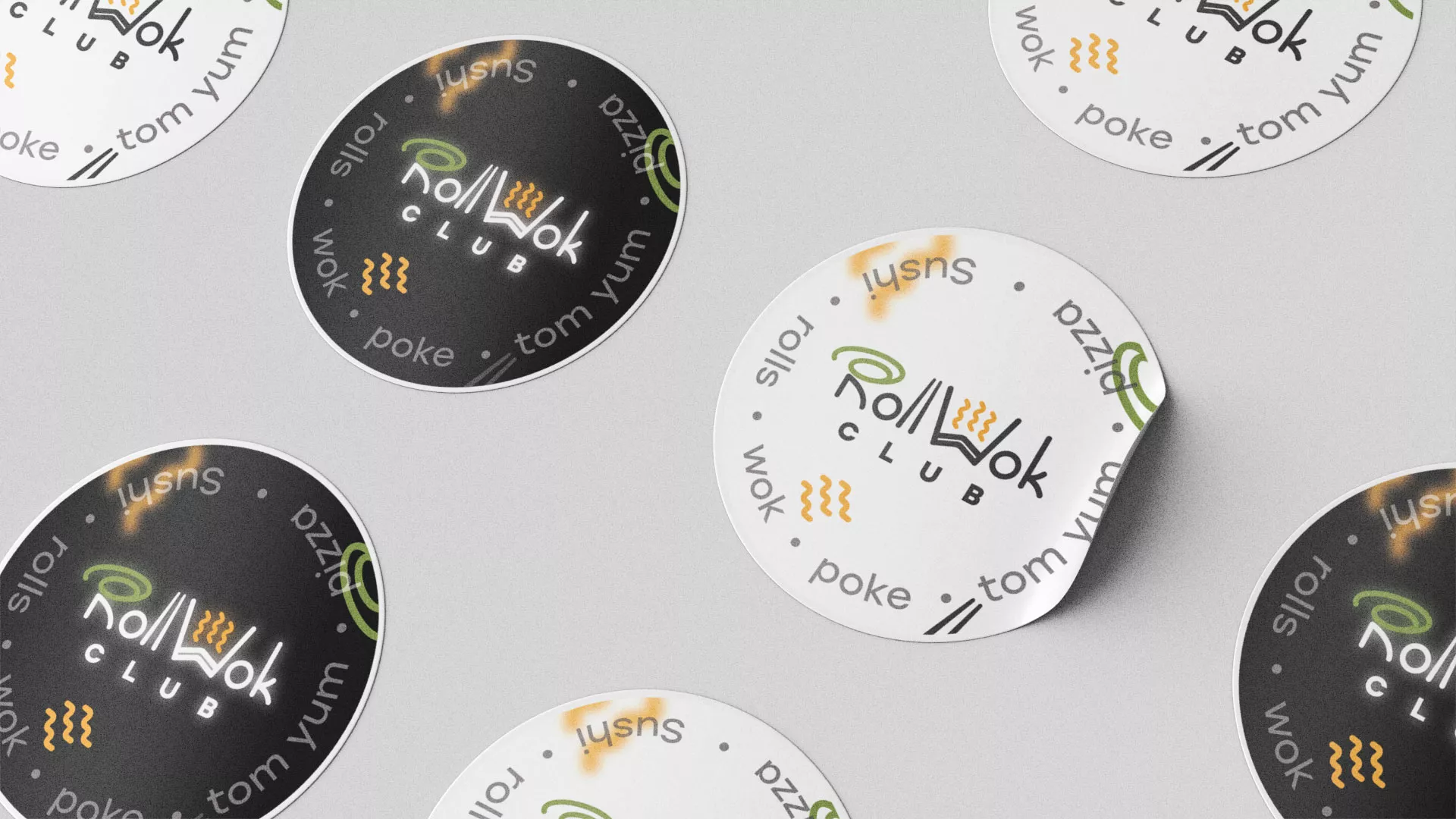 Разработка дизайна наклеек для суши-бара «Roll Wok Club» в Ясном